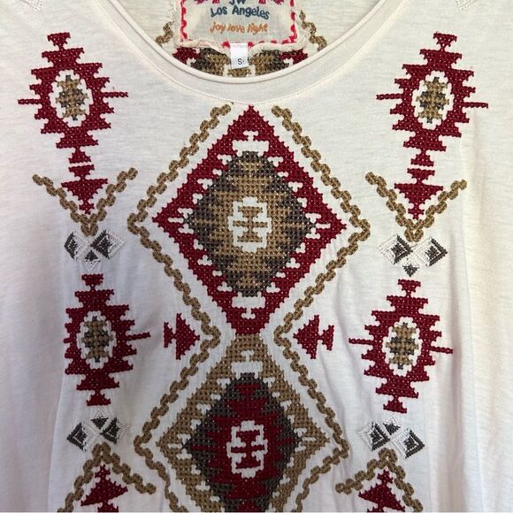 Johnny Was JW Los Angeles Cream Aztec Embroidered 3/4 Sleeve Tee Size Small - Picture 5 of 12